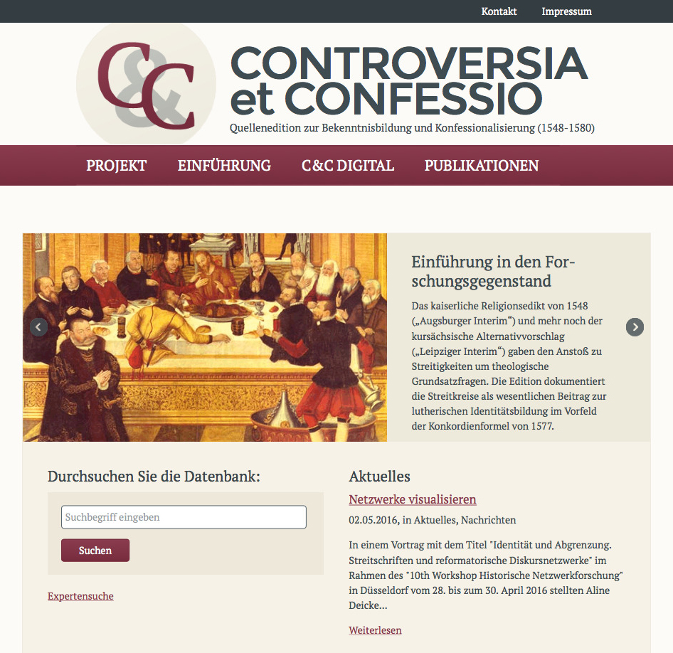 Screenshot der Startseite der Projektseite Controversia et Confessio