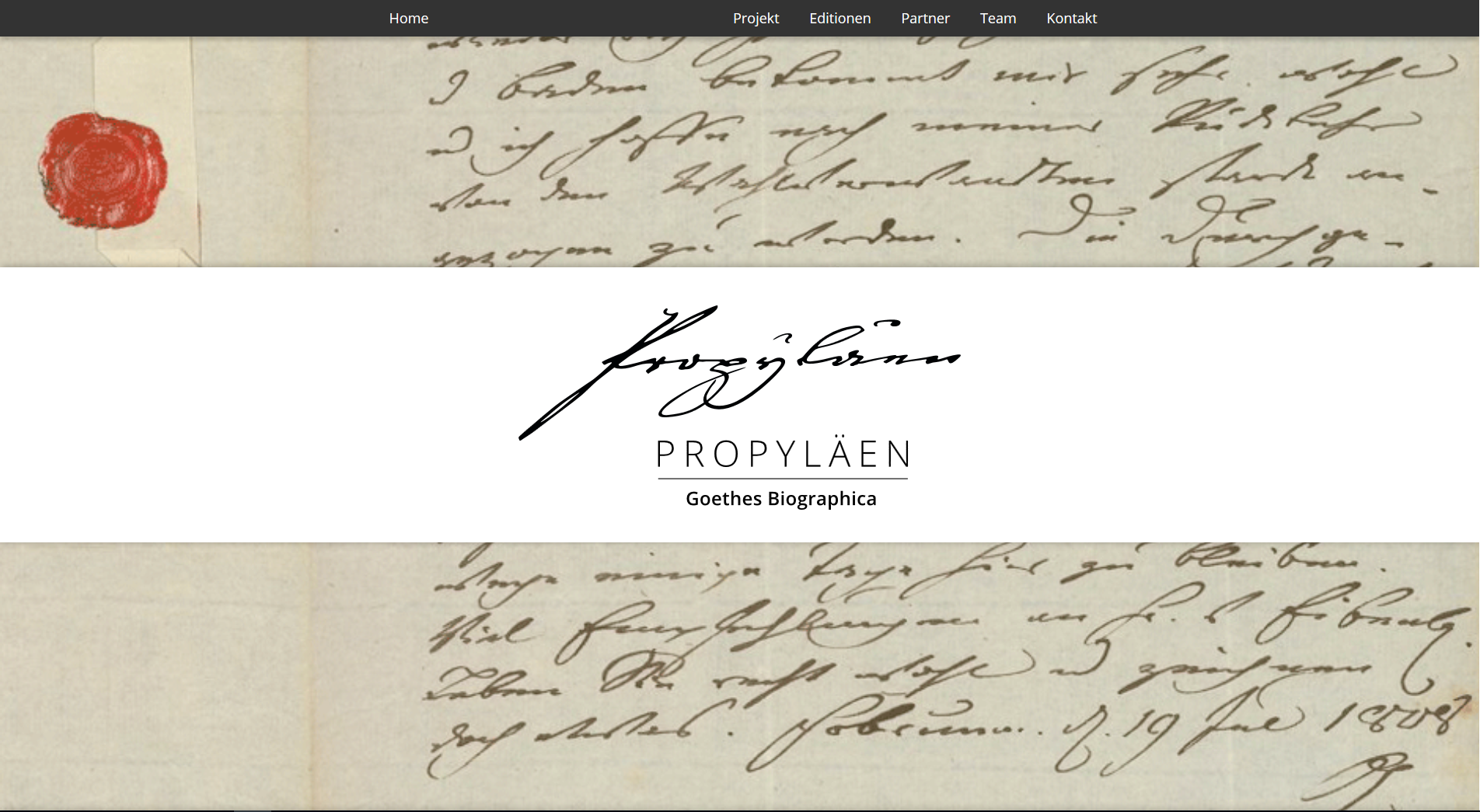 Screenshot der Startseite der Projektseite PROPYLÄEN - Goethes Biographica